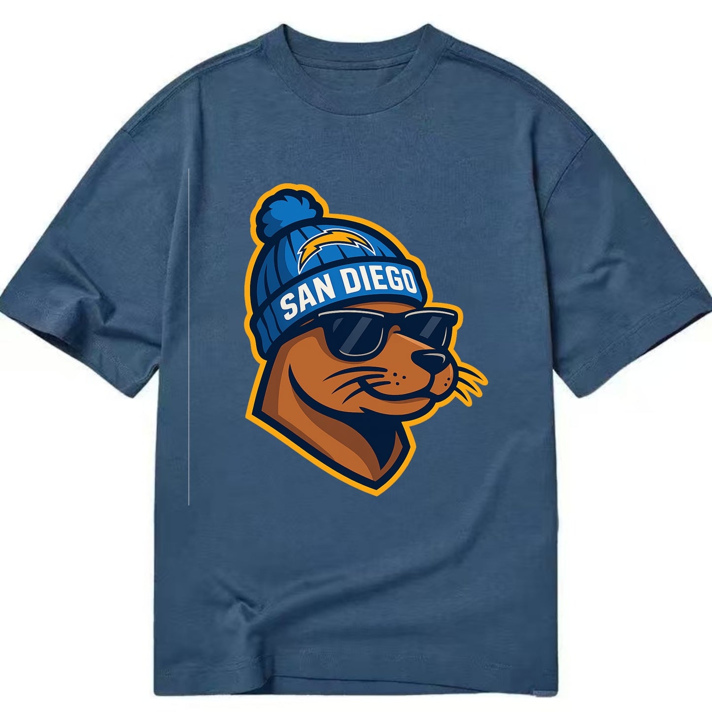 San Diego Sea Lion wearing Chargers beanie with bolt patch and wayfarer sunglasses - Classic T-shirt - Twilight Navy(Blue)