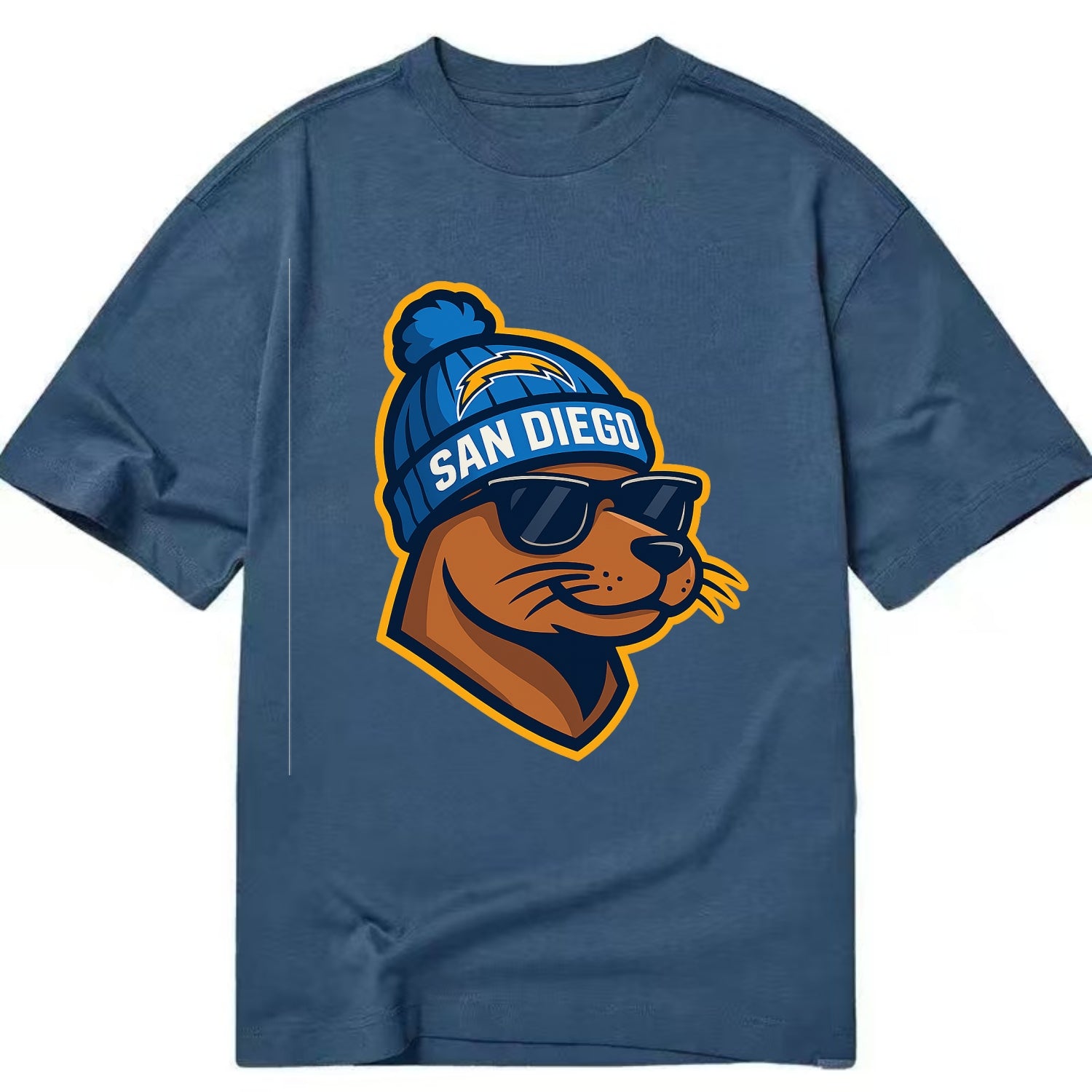 San Diego Sea Lion wearing Chargers beanie with bolt patch and wayfarer sunglasses - Classic T-shirt - Twilight Navy(Blue)