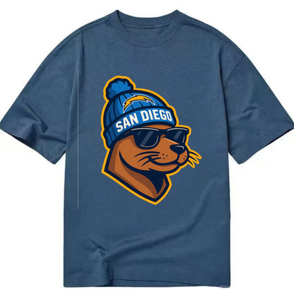 San Diego Sea Lion wearing Chargers beanie with bolt patch and wayfarer sunglasses - Classic T-shirt - Twilight Navy(Blue)
