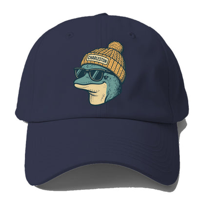 Charleston Dolphin wearing Charleston beanie with pom pom and wayfarer - Baseball Cap For Big Heads - Twilight Navy(Blue)