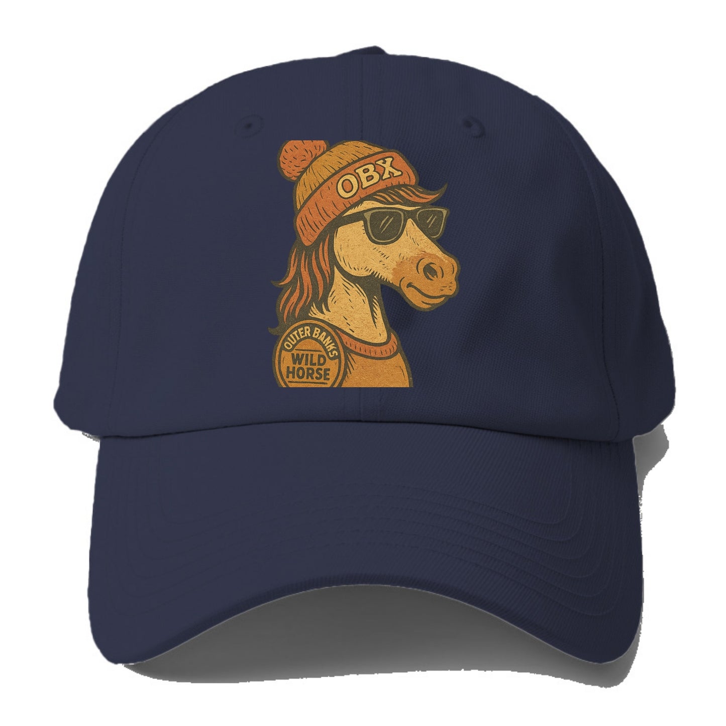 Outer Banks Wild Horse wearing OBX beanie with pom pom and wayfarer sunglasses - Baseball Cap - Twilight Navy(Blue)