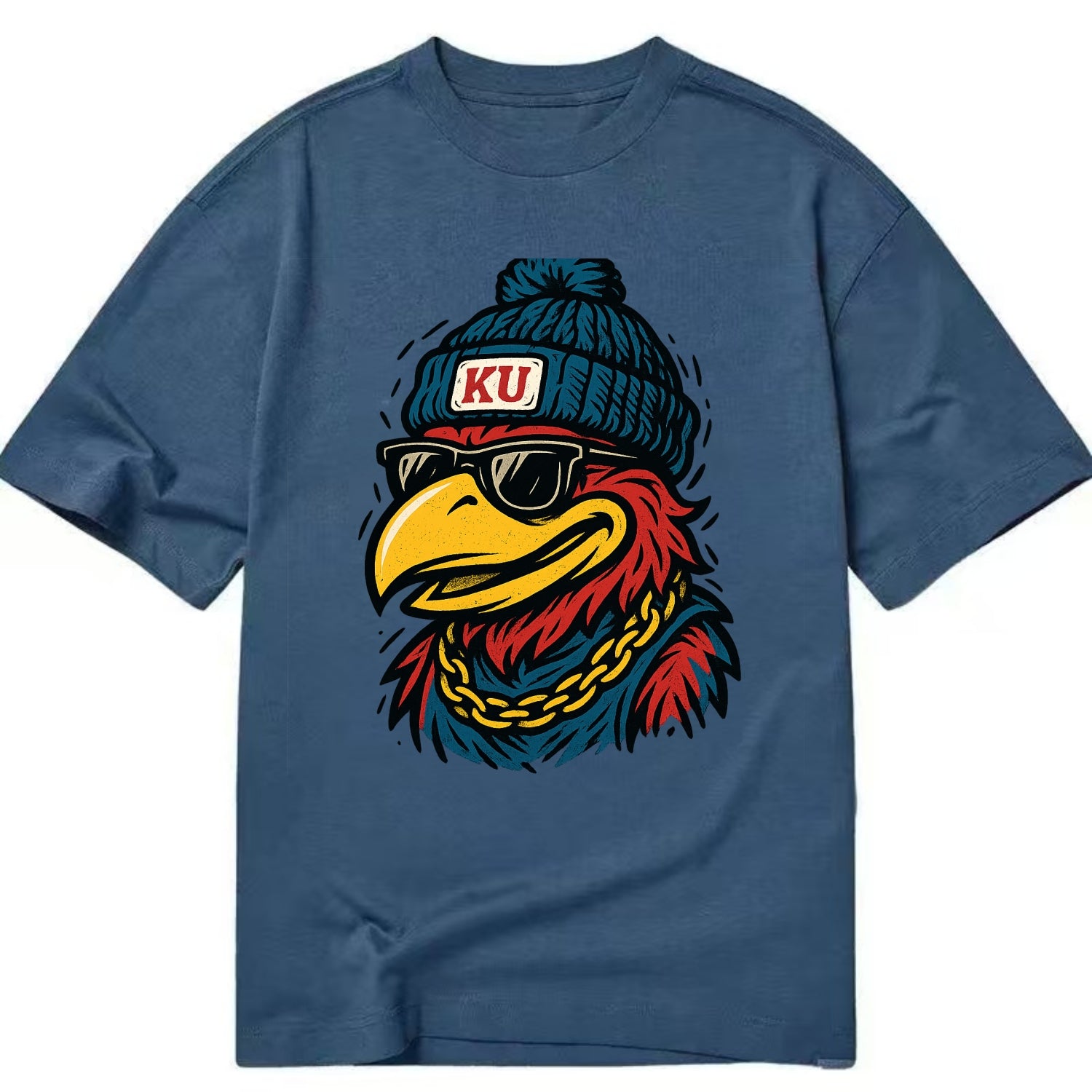 Lawrence Jayhawk wearing Kansas beanie with KU patch - Classic T-shirt - Twilight Navy(Blue)