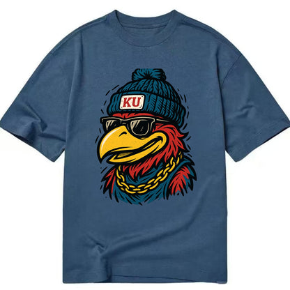 Lawrence Jayhawk wearing Kansas beanie with KU patch - Classic T-shirt - Twilight Navy(Blue)