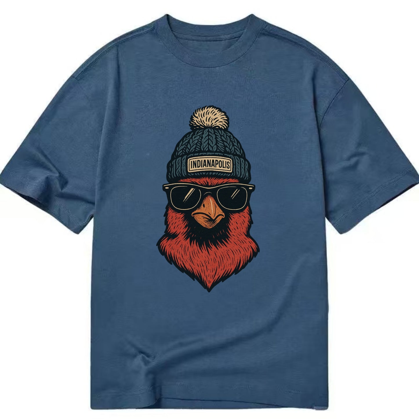 Indiana Cardinal wearing Indianapolis beanie with pom pom and wayfarer sunglasses - Classic T-shirt - Twilight Navy(Blue)