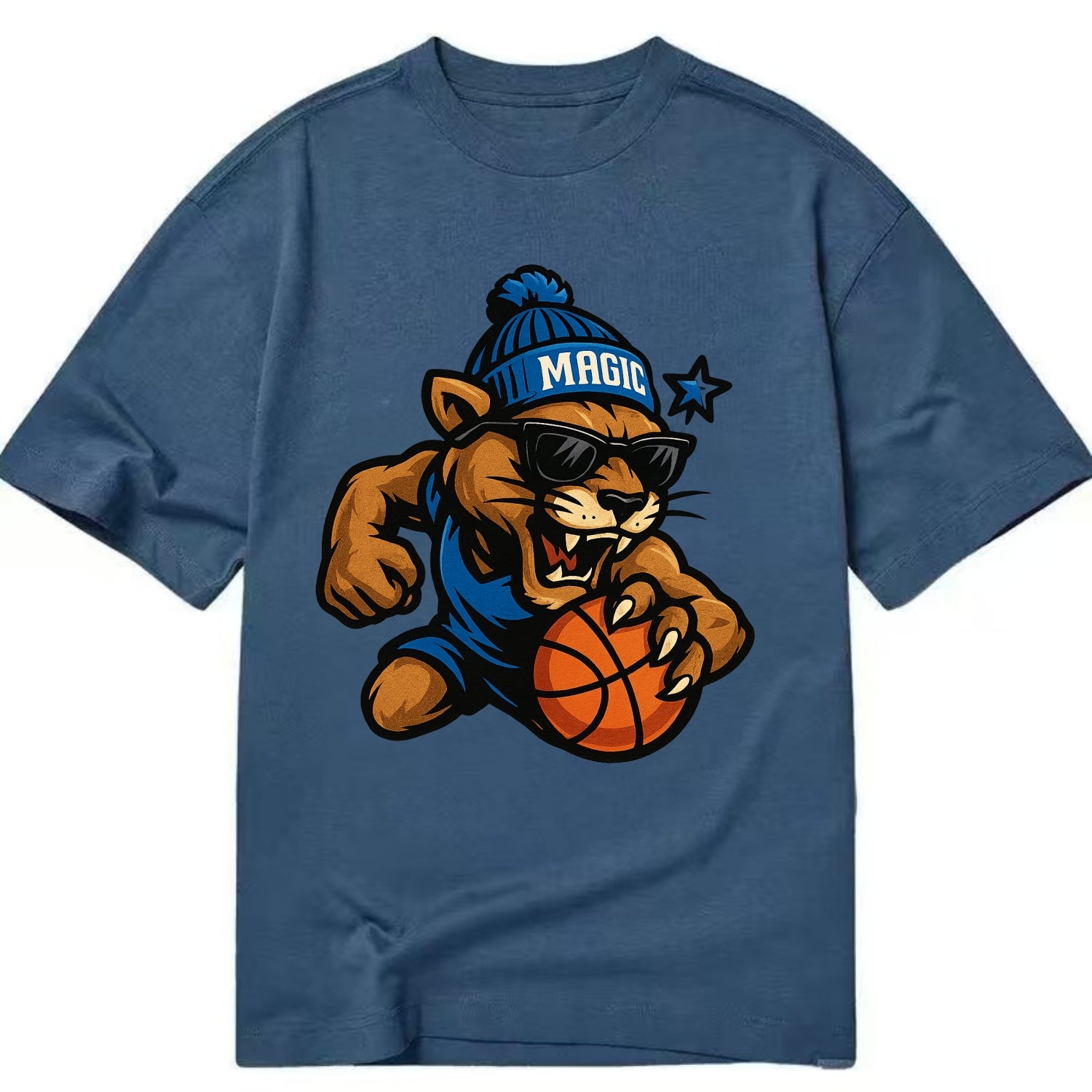 Florida Panther wearing Magic beanie with star wand patch and wayfarer sunglasses - Classic T-shirt - Twilight Navy(Blue)