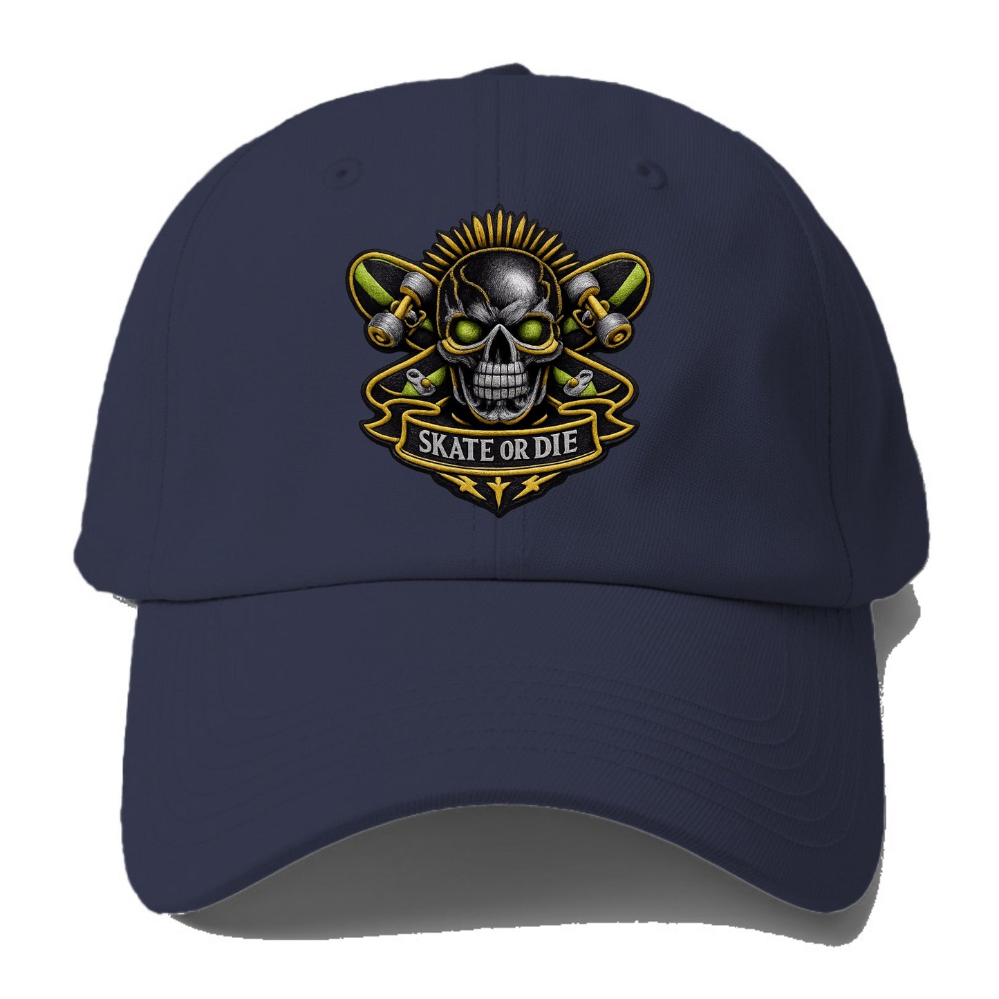 Embroidered patch design - SKATEBOARD SKULL - skull with skateboard in black and - Baseball Cap - Twilight Navy(Blue)