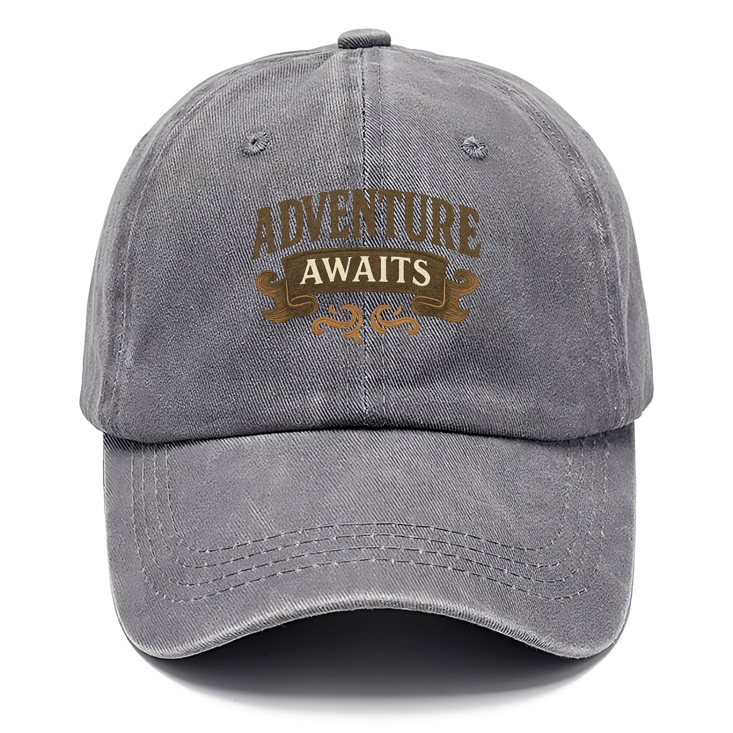 Bold typography design - "ADVENTURE AWAITS" - excitement ahead, ready for anything - Classic Cap - Urban Haze(Grey)