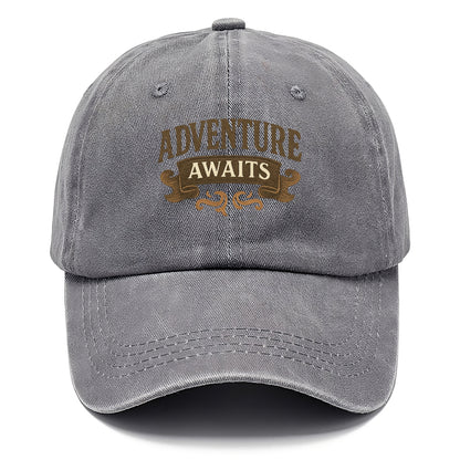 Bold typography design - "ADVENTURE AWAITS" - excitement ahead, ready for anything - Classic Cap - Urban Haze(Grey)