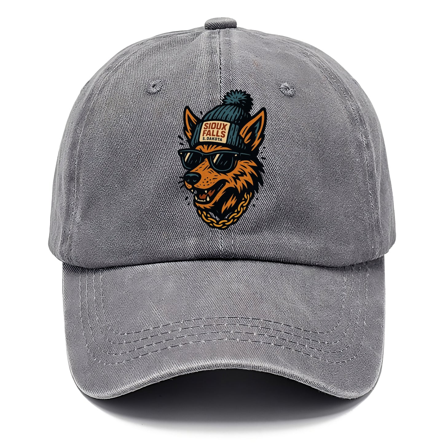 South Dakota Coyote wearing Sioux Falls beanie with pom pom and wayfarer sunglasses - Classic Cap - Urban Haze(Grey)