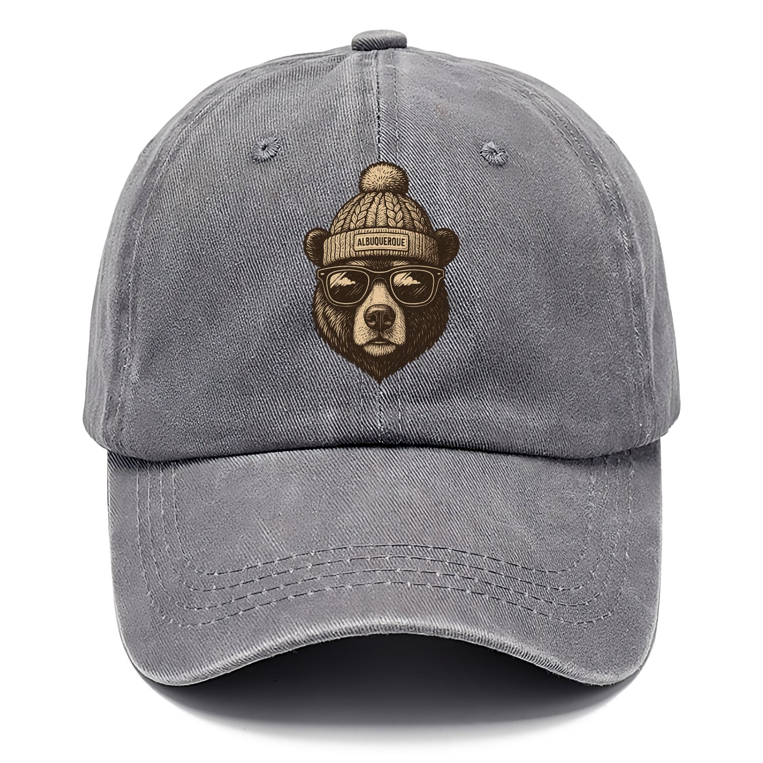 New Mexico Black Bear wearing Albuquerque beanie with pom pom and wayfarer sunglasses - Classic Cap - Urban Haze(Grey)
