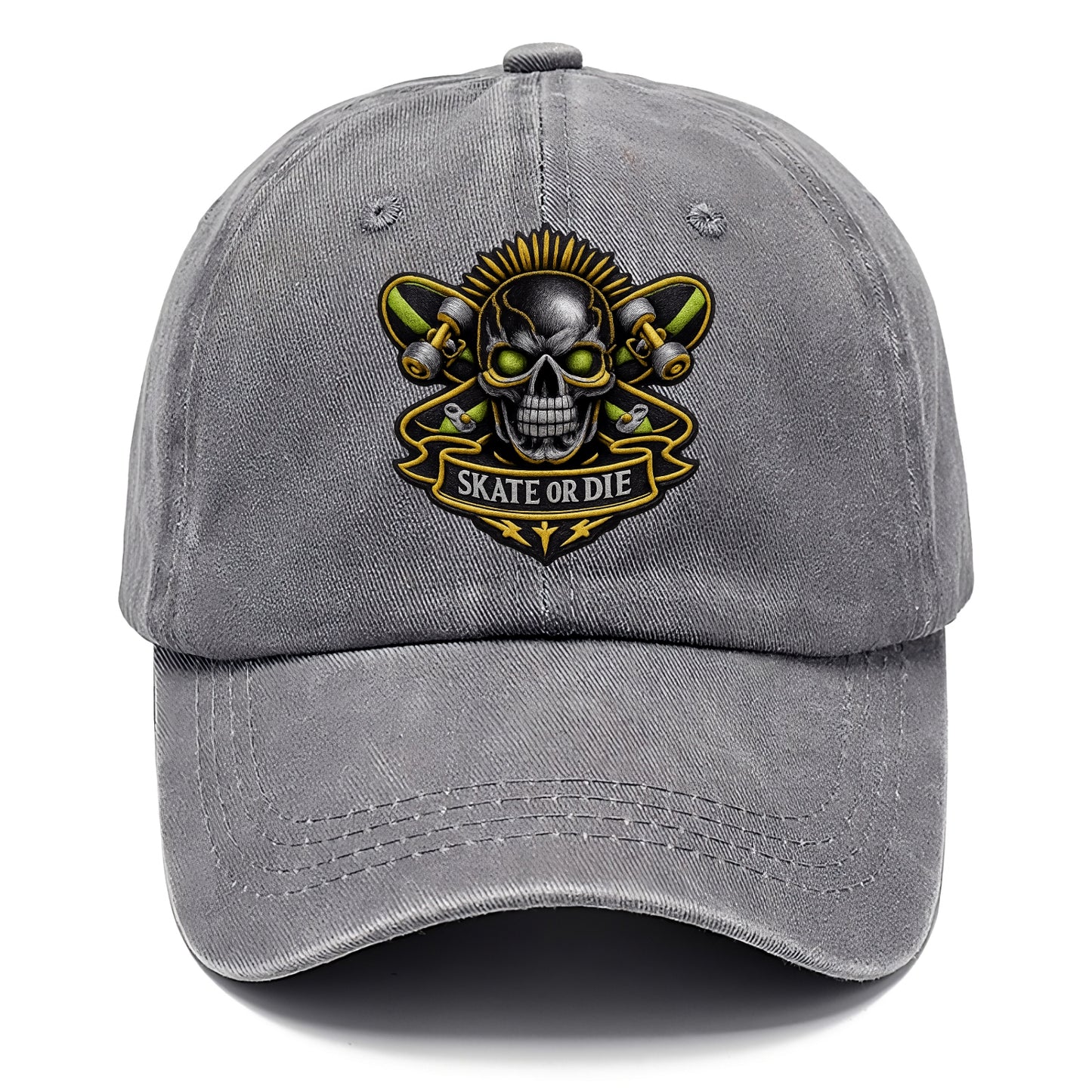 Embroidered patch design - SKATEBOARD SKULL - skull with skateboard in black and neon - Classic Cap - Urban Haze(Grey)