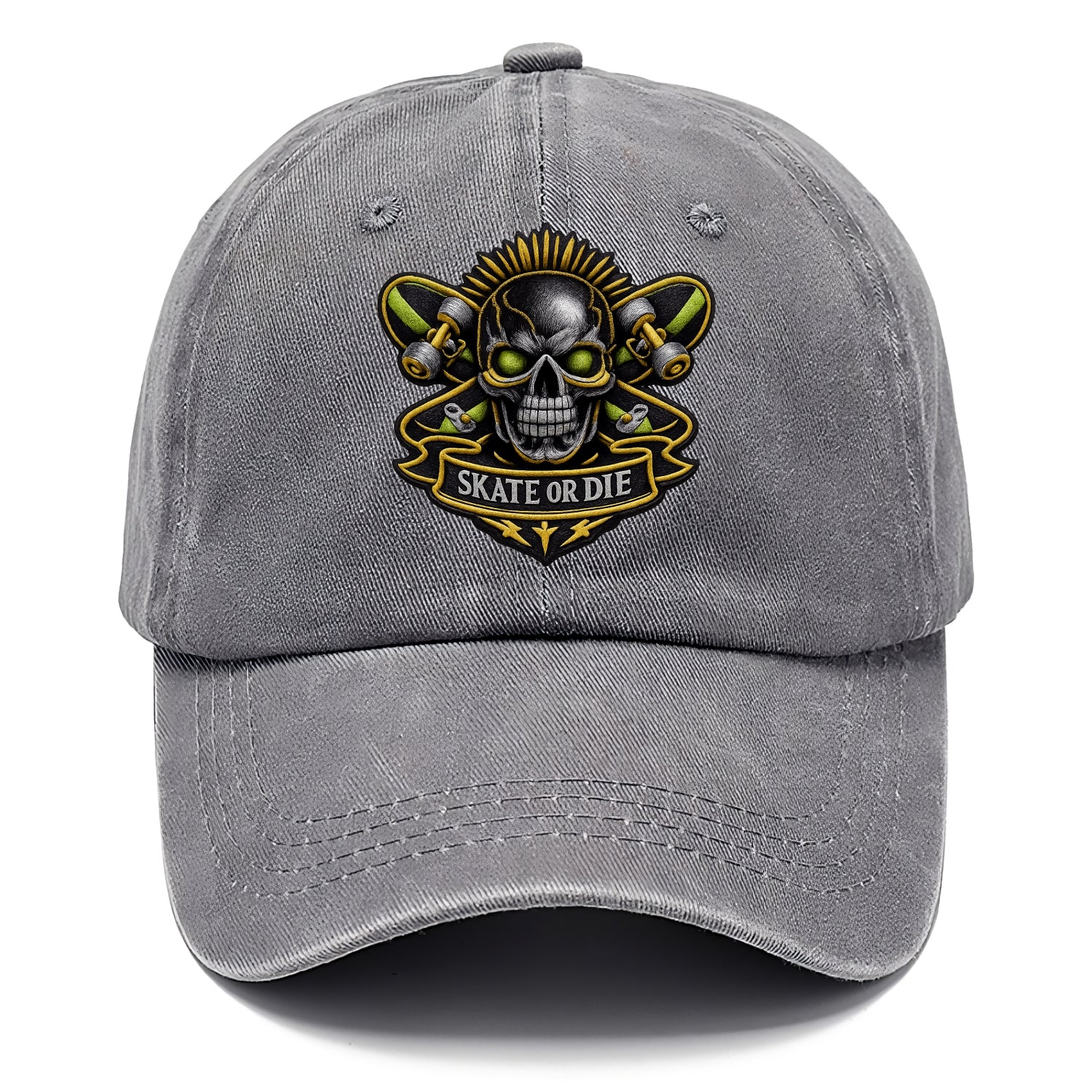 Embroidered patch design - SKATEBOARD SKULL - skull with skateboard in black and neon - Classic Cap - Urban Haze(Grey)