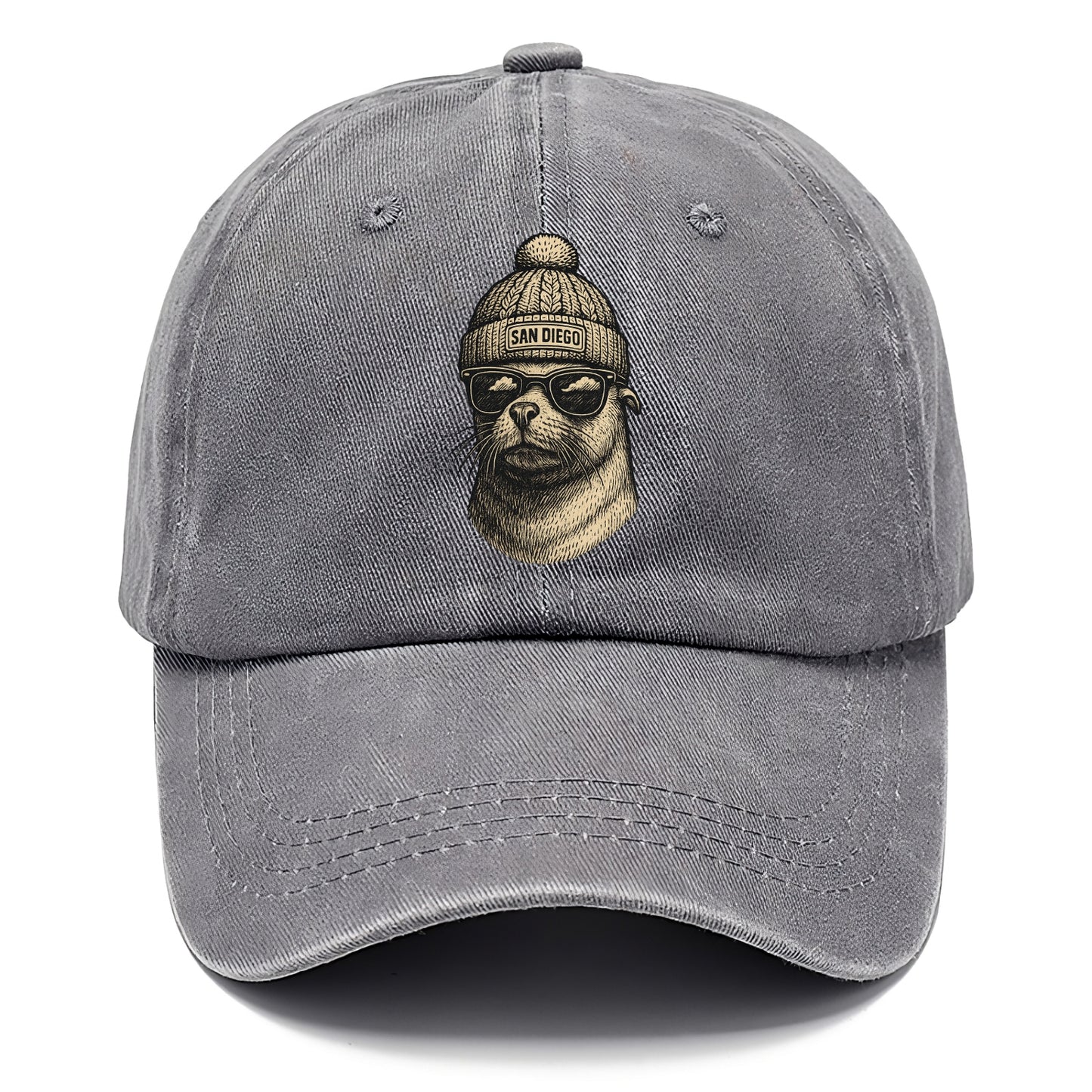 San Diego Sea Lion wearing San Diego beanie with pom pom and wayfarer sunglasses - Classic Cap - Urban Haze(Grey)