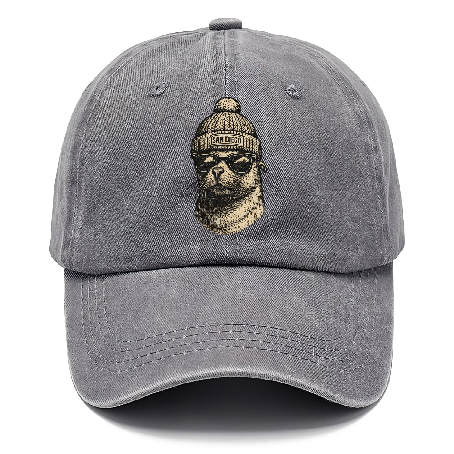 San Diego Sea Lion wearing San Diego beanie with pom pom and wayfarer sunglasses - Classic Cap - Urban Haze(Grey)