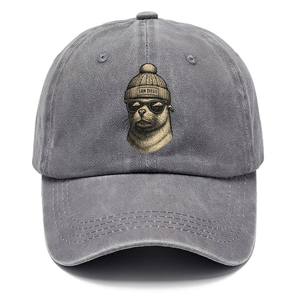 San Diego Sea Lion wearing San Diego beanie with pom pom and wayfarer sunglasses - Classic Cap - Urban Haze(Grey)
