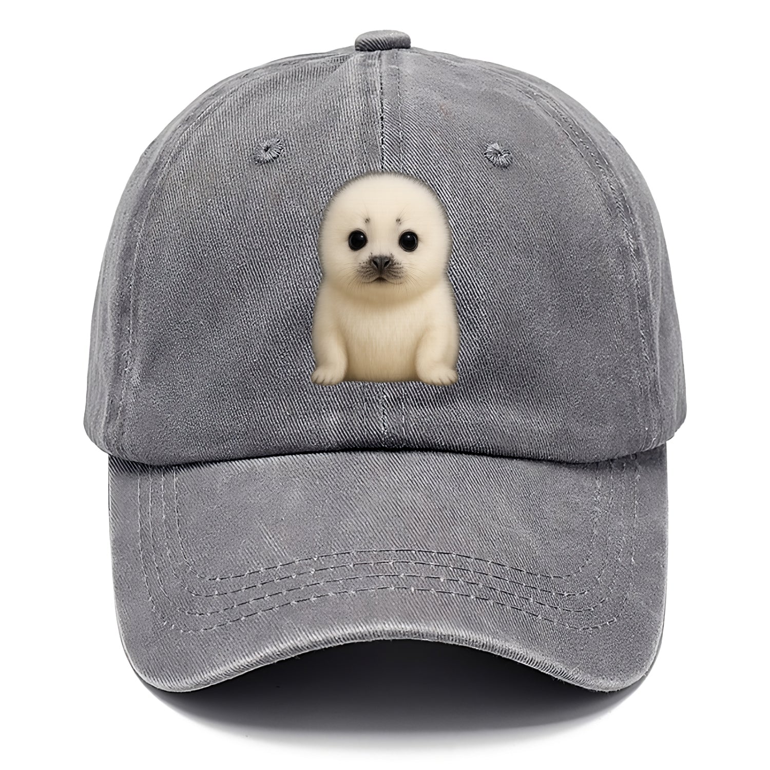 Baby Harp Seal - pure white fluffy fur, enormous dark eyes, front-facing, iconic cute - Classic Cap - Urban Haze(Grey)