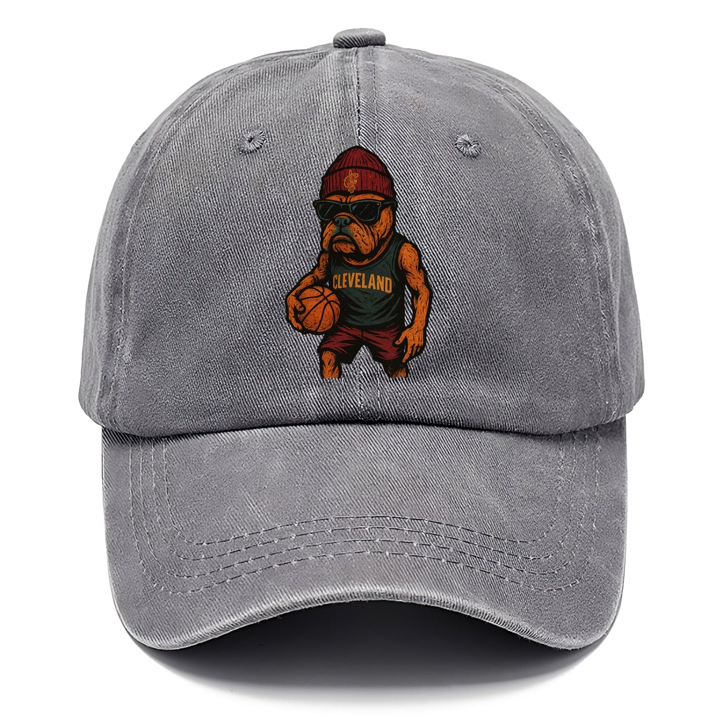 Cleveland Bulldog wearing Cavaliers wine and gold beanie with sword patch and - Classic Cap - Urban Haze(Grey)