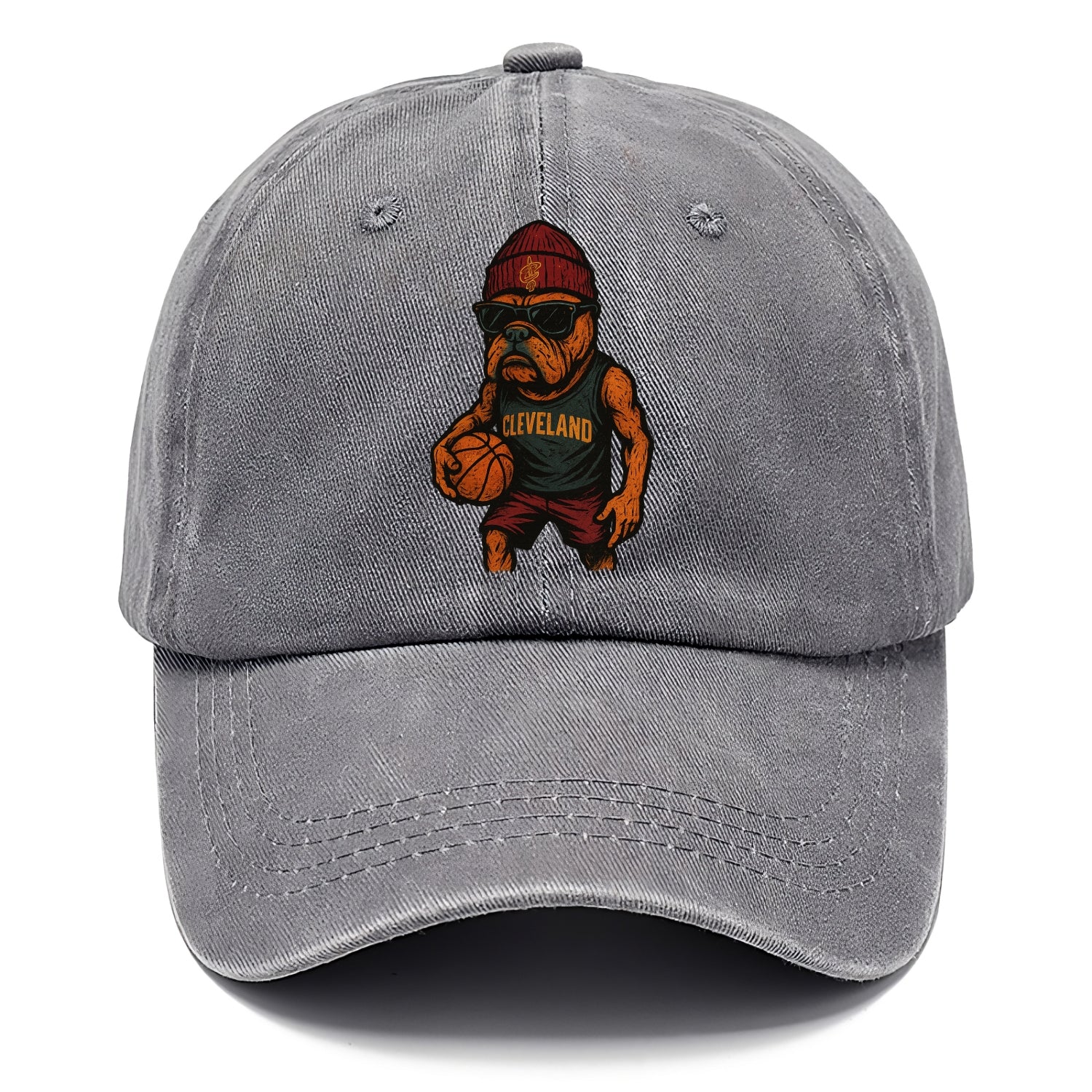 Cleveland Bulldog wearing Cavaliers wine and gold beanie with sword patch and - Classic Cap - Urban Haze(Grey)