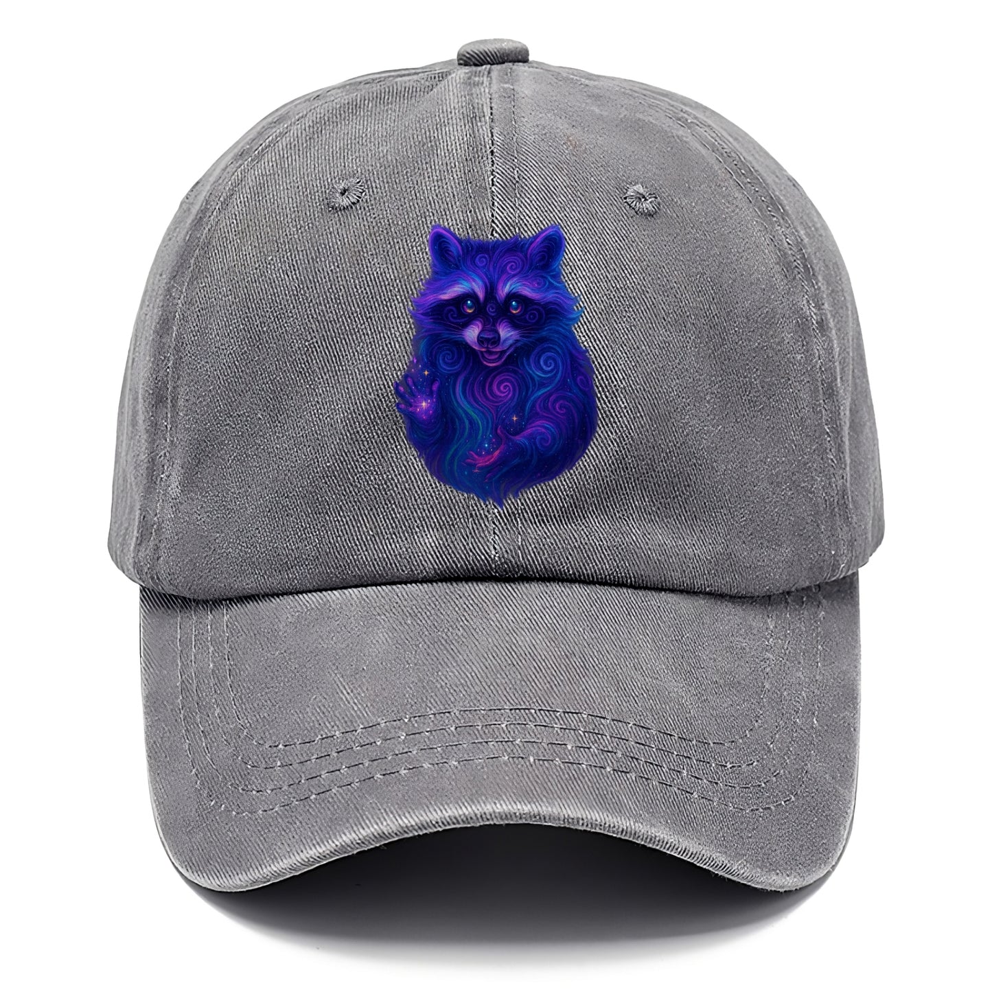 Playful raccoon with mask swirling in hypnotic patterns, neon purple and green fur - Classic Cap - Urban Haze(Grey)