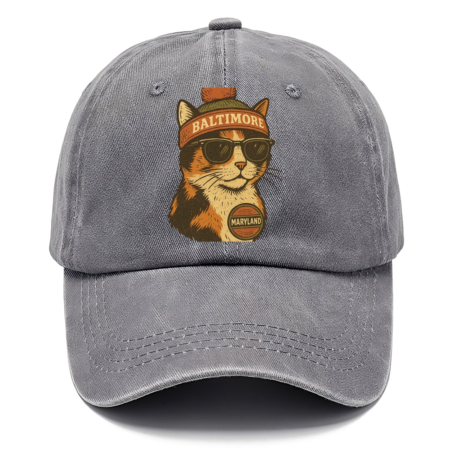 Maryland Calico Cat wearing Baltimore beanie with pom pom and wayfarer sunglasses - Classic Cap - Urban Haze(Grey)