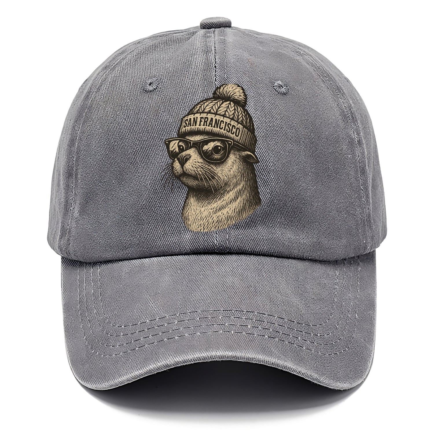 San Francisco Sea Lion wearing San Francisco beanie with pom pom and wayfarer - Classic Cap - Urban Haze(Grey)