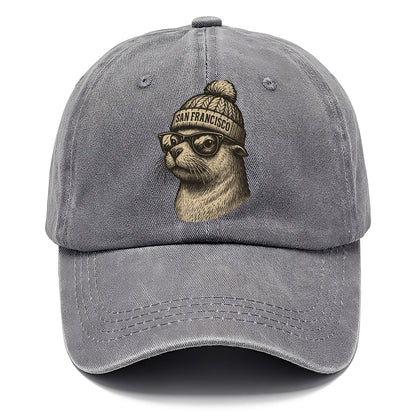 San Francisco Sea Lion wearing San Francisco beanie with pom pom and wayfarer - Classic Cap - Urban Haze(Grey)