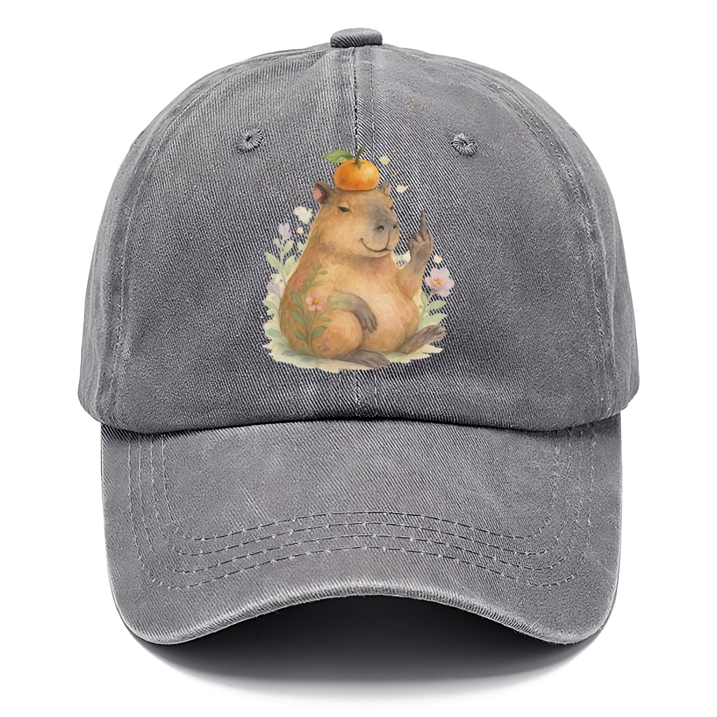 chonky capybara relaxing with orange on head, one webbed middle finger up - Classic Cap - Urban Haze(Grey)