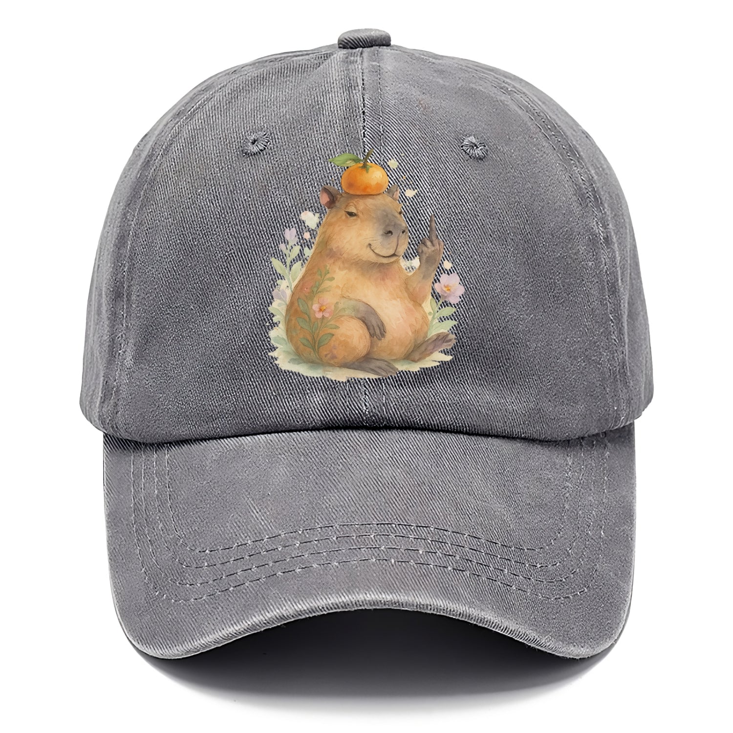 chonky capybara relaxing with orange on head, one webbed middle finger up - Classic Cap - Urban Haze(Grey)