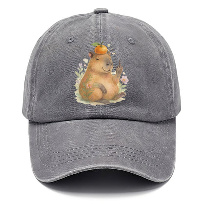 chonky capybara relaxing with orange on head, one webbed middle finger up - Classic Cap - Urban Haze(Grey)