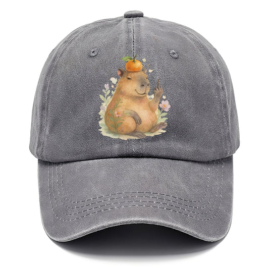 chonky capybara relaxing with orange on head, one webbed middle finger up - Classic Cap - Urban Haze(Grey)