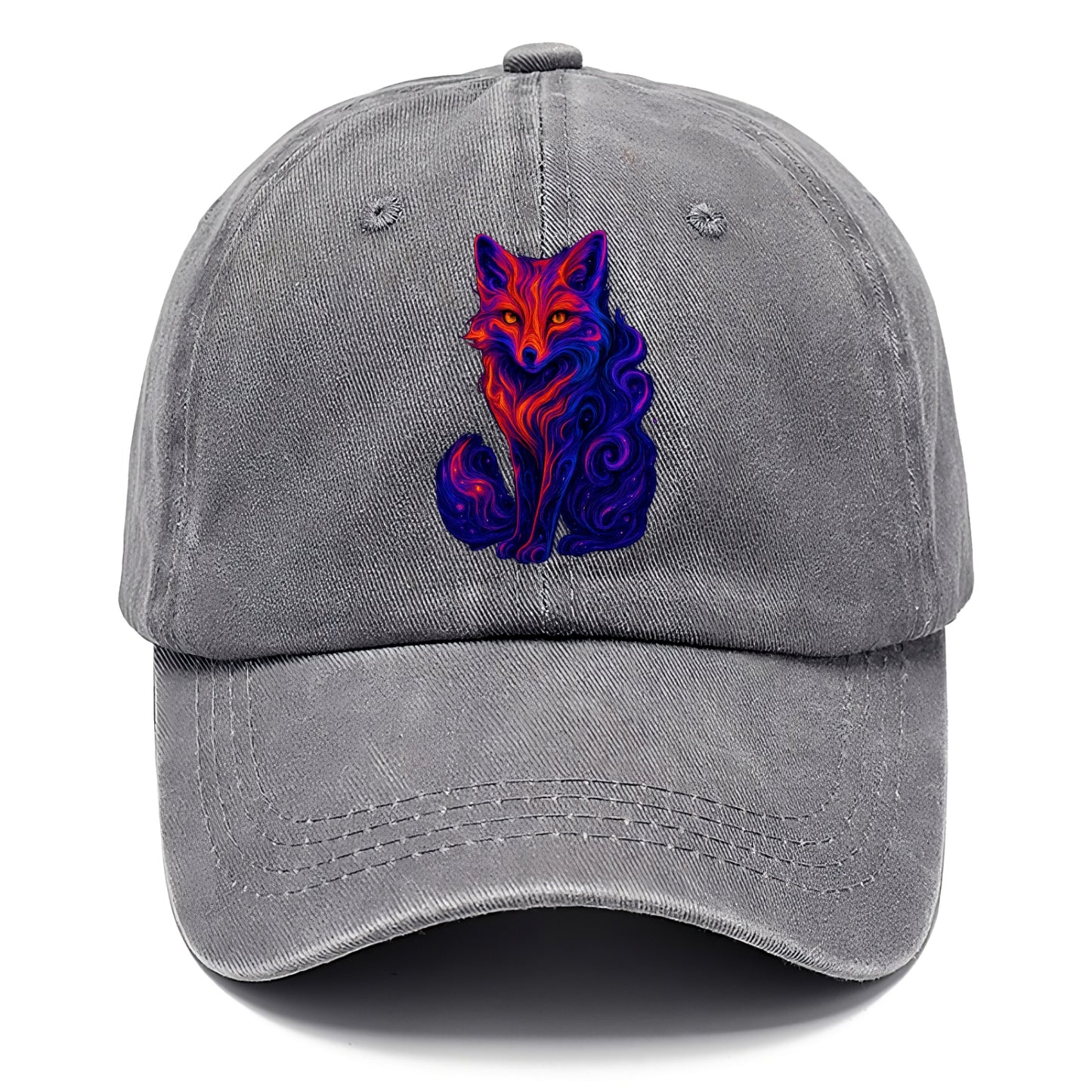 Clever fox with tail dissolving into cosmic nebula swirls, orange to purple gradient - Classic Cap - Urban Haze(Grey)