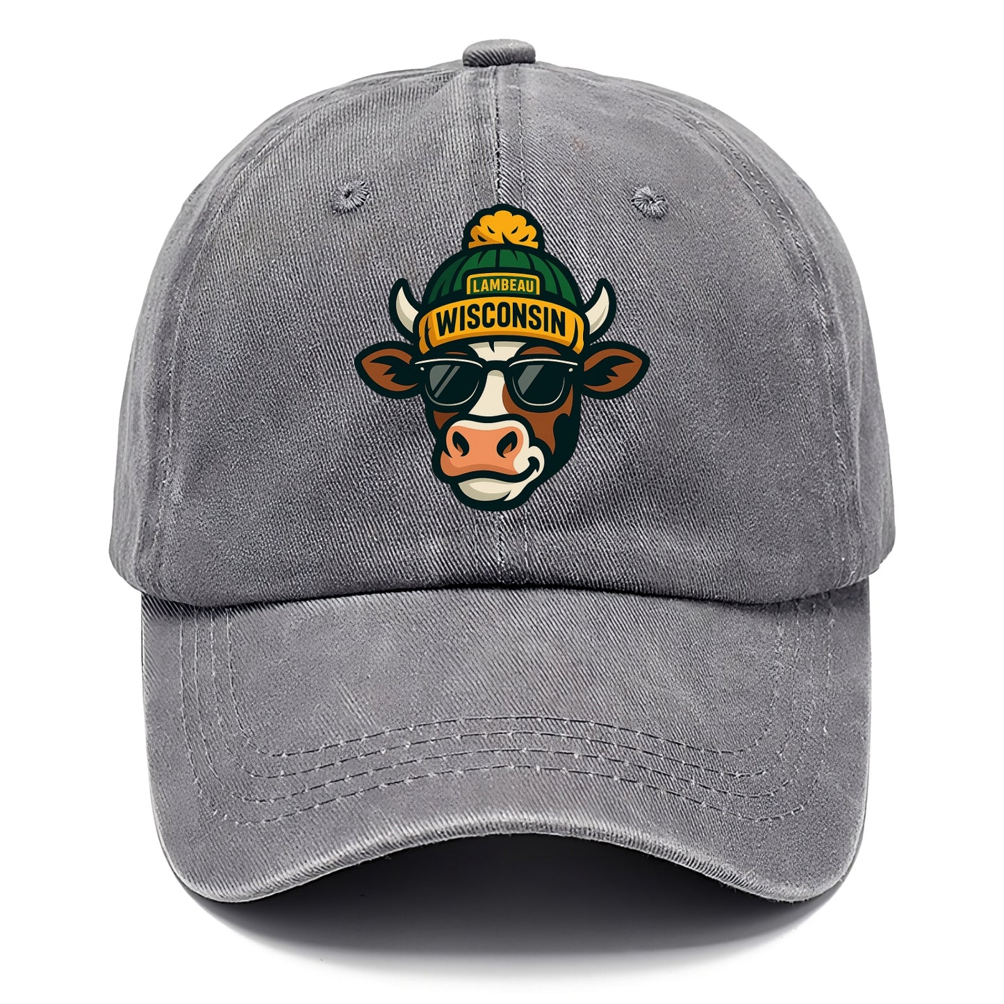 Wisconsin Cow wearing Packers beanie with Lambeau patch and wayfarer sunglasses - Classic Cap - Urban Haze(Grey)