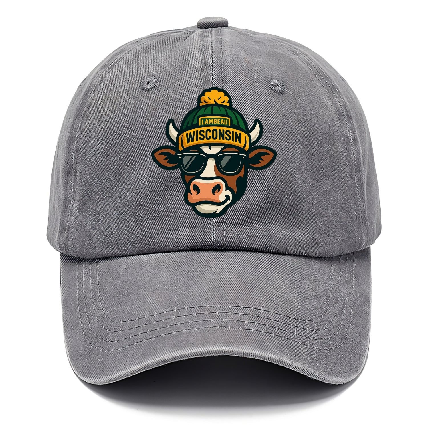 Wisconsin Cow wearing Packers beanie with Lambeau patch and wayfarer sunglasses - Classic Cap - Urban Haze(Grey)