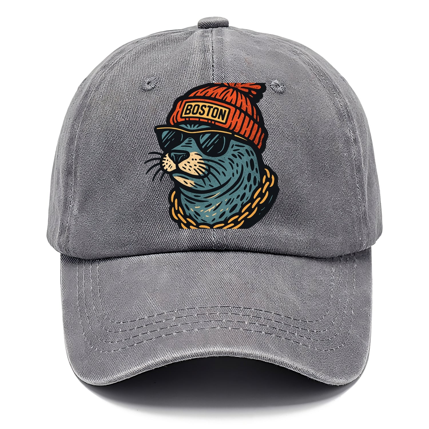 Boston Harbor Seal wearing Boston beanie with pom pom and wayfarer sunglasses - Classic Cap - Urban Haze(Grey)
