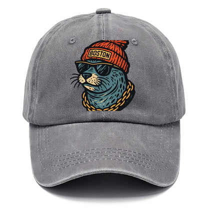 Boston Harbor Seal wearing Boston beanie with pom pom and wayfarer sunglasses - Classic Cap - Urban Haze(Grey)