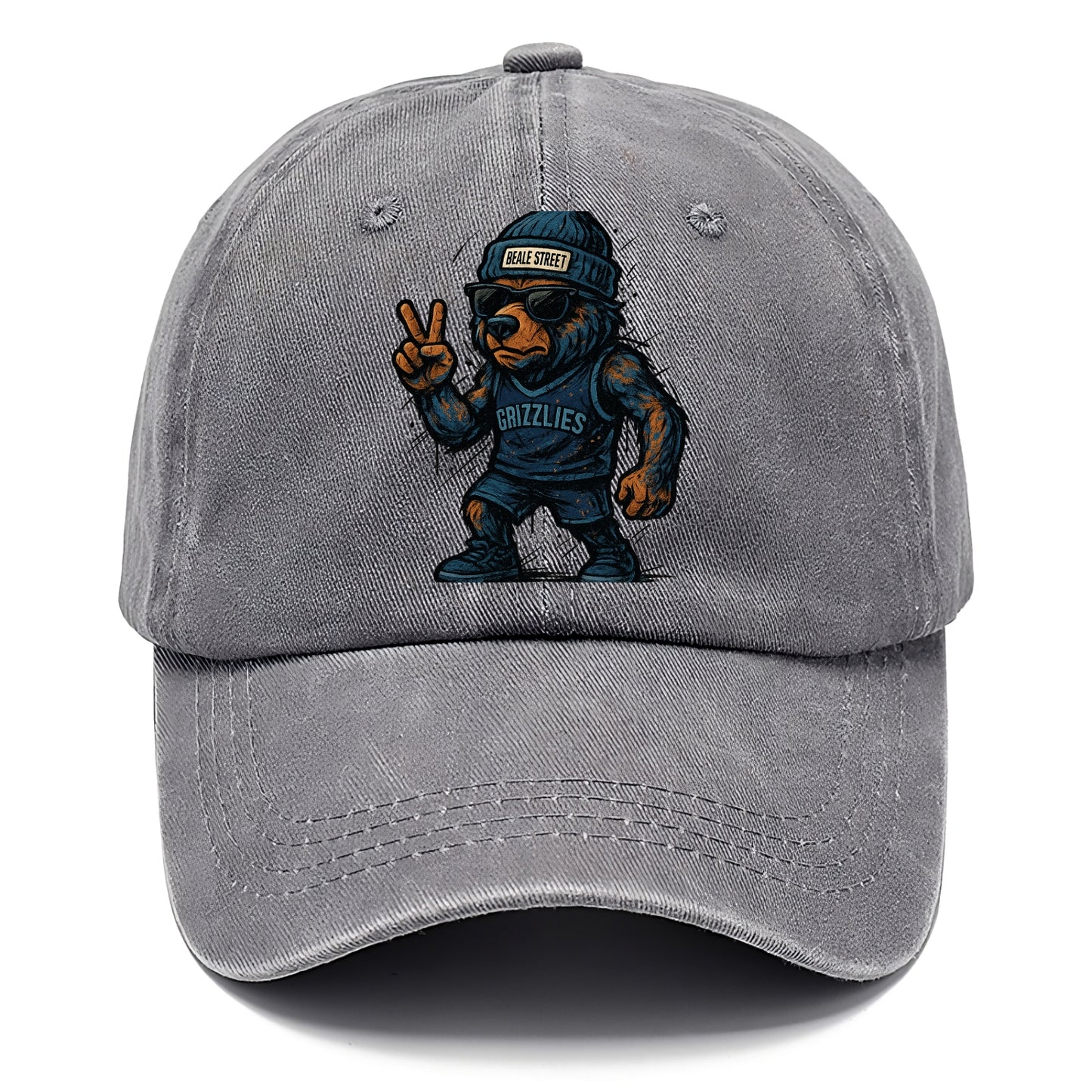 Memphis Grizzly Bear wearing Grizzlies navy and light blue beanie with Beale Street - Classic Cap - Urban Haze(Grey)
