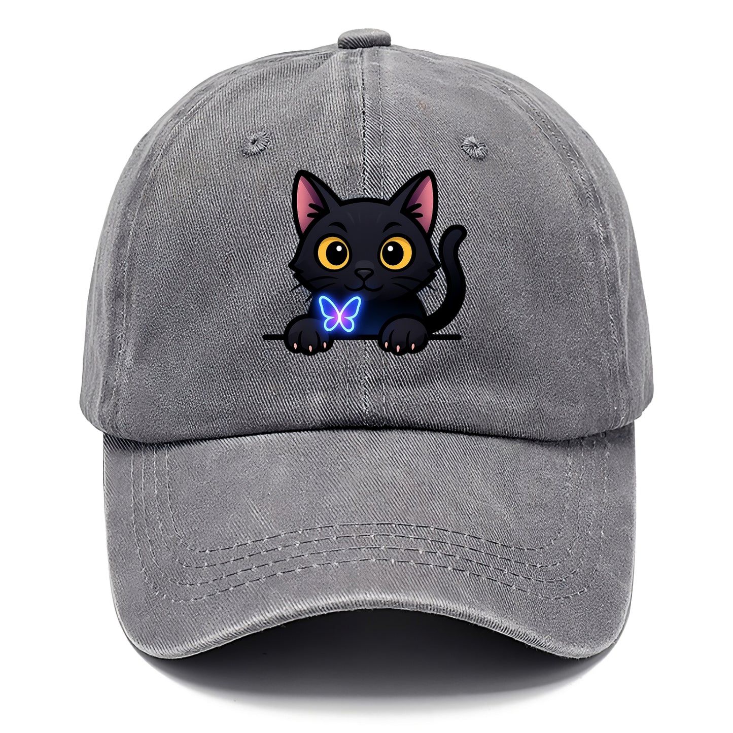 Midnight the black cat blowing a glossy bubblegum bubble while peeking. - Classic Cap - Urban Haze(Grey)