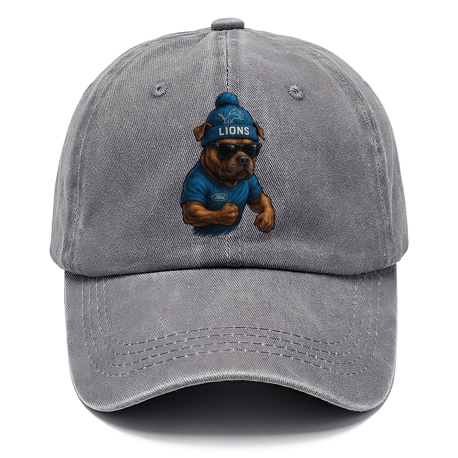 Detroit Pitbull wearing Lions beanie with auto patch and wayfarer sunglasses - Classic Cap - Urban Haze(Grey)