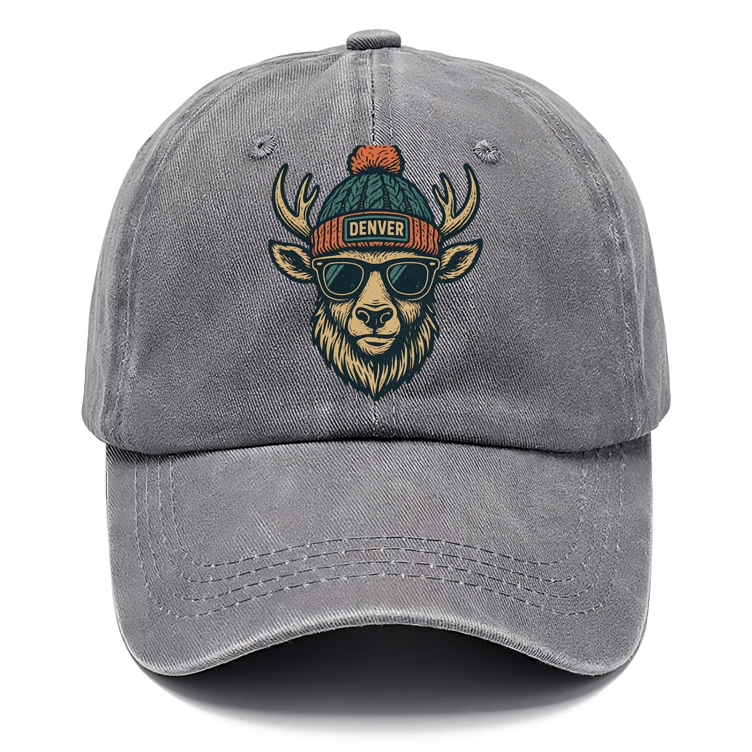 Denver Elk wearing Denver beanie with pom pom and wayfarer sunglasses - Classic Cap - Urban Haze(Grey)