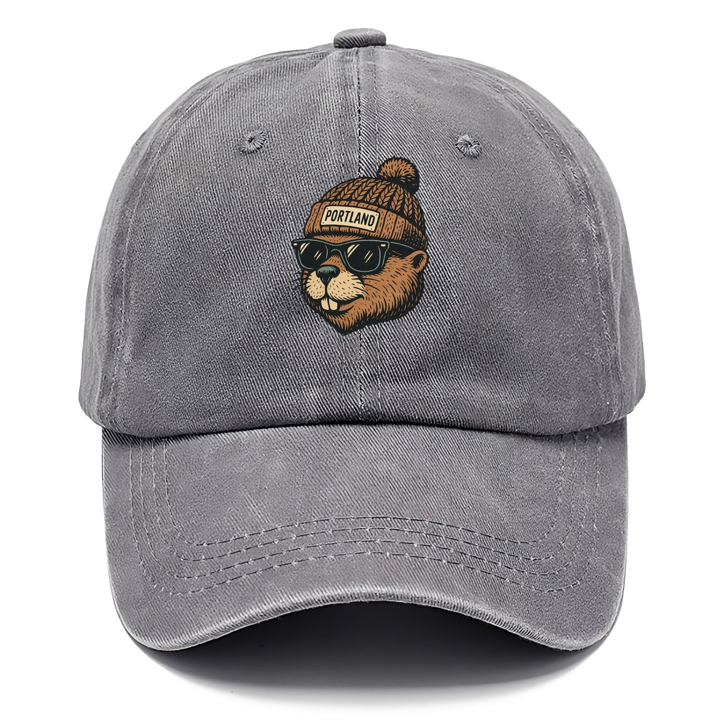 Portland Beaver wearing Portland beanie with pom pom and wayfarer sunglasses - Classic Cap - Urban Haze(Grey)