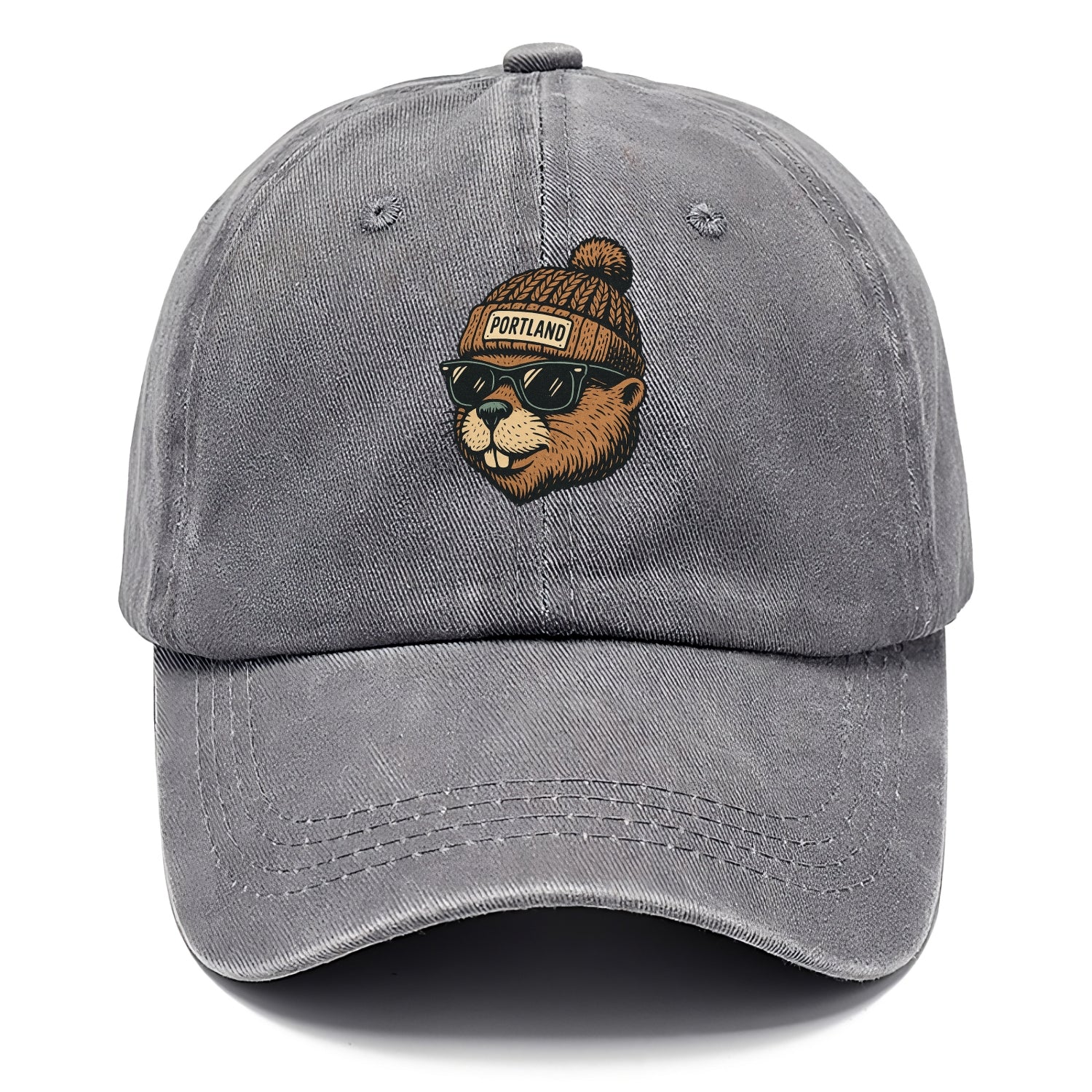 Portland Beaver wearing Portland beanie with pom pom and wayfarer sunglasses - Classic Cap - Urban Haze(Grey)