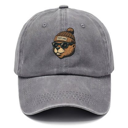 Portland Beaver wearing Portland beanie with pom pom and wayfarer sunglasses - Classic Cap - Urban Haze(Grey)