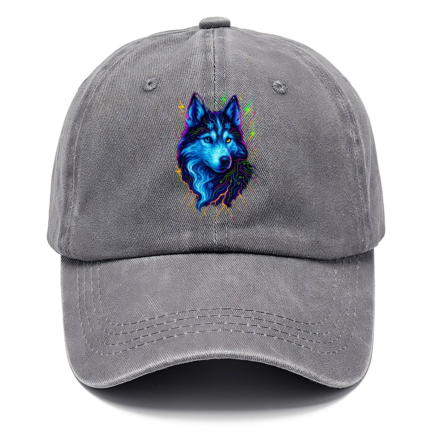 Siberian husky with ice-crystal flowing patterns, electric blue and white swirls, - Classic Cap - Urban Haze(Grey)