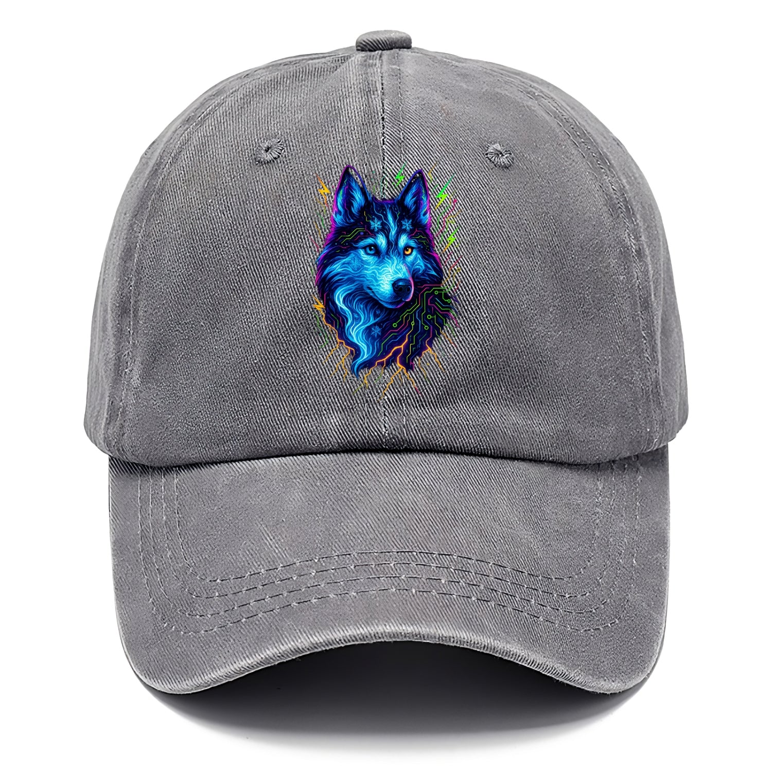 Siberian husky with ice-crystal flowing patterns, electric blue and white swirls, - Classic Cap - Urban Haze(Grey)