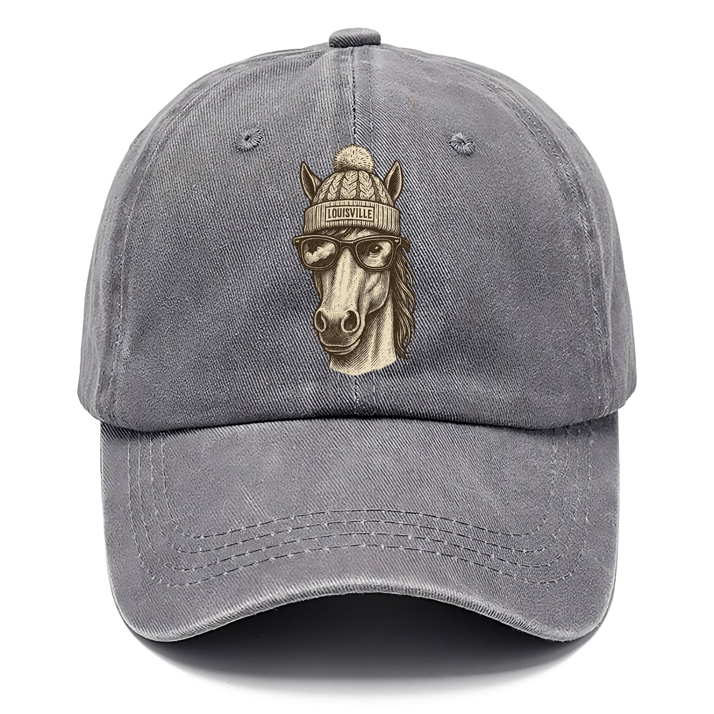 Kentucky Thoroughbred Horse wearing Louisville beanie with pom pom and wayfarer - Classic Cap - Urban Haze(Grey)