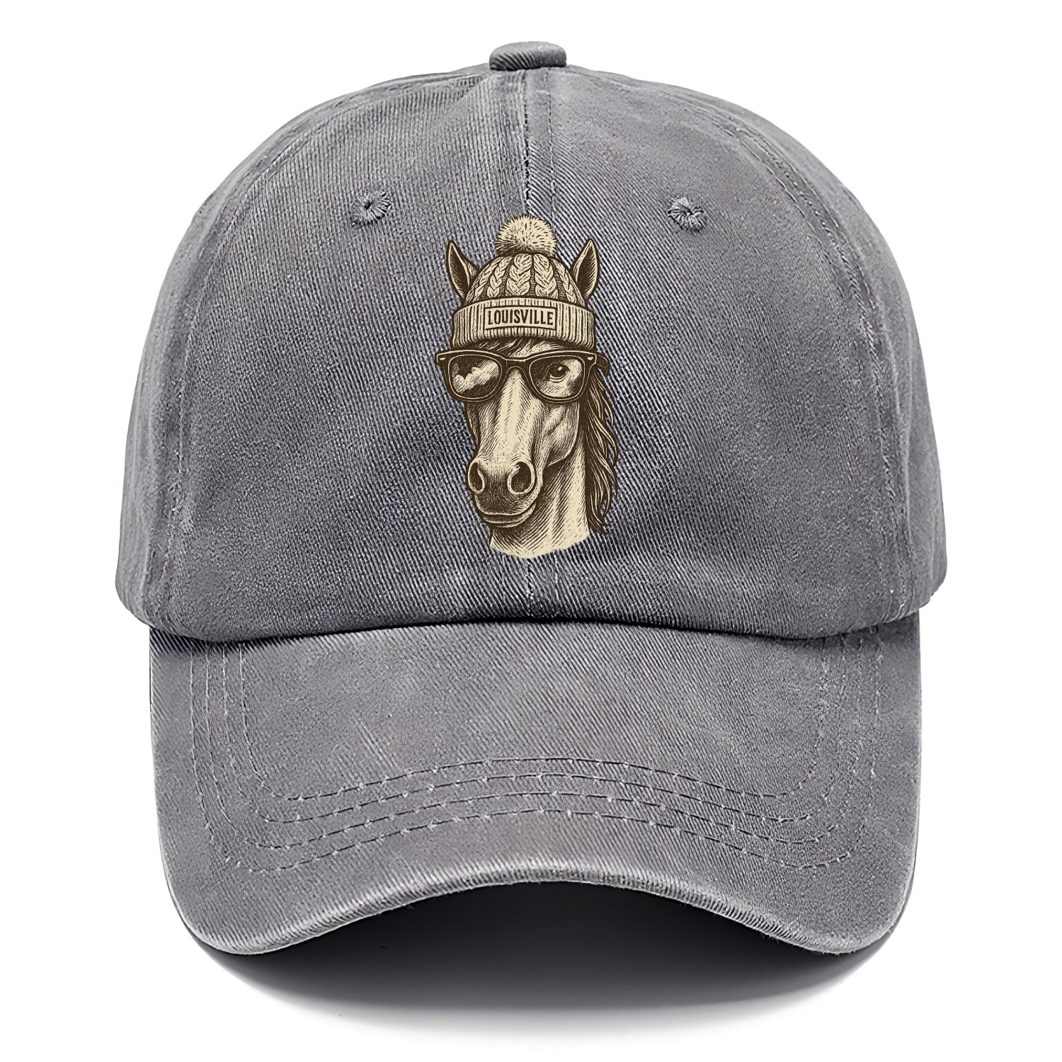 Kentucky Thoroughbred Horse wearing Louisville beanie with pom pom and wayfarer - Classic Cap - Urban Haze(Grey)
