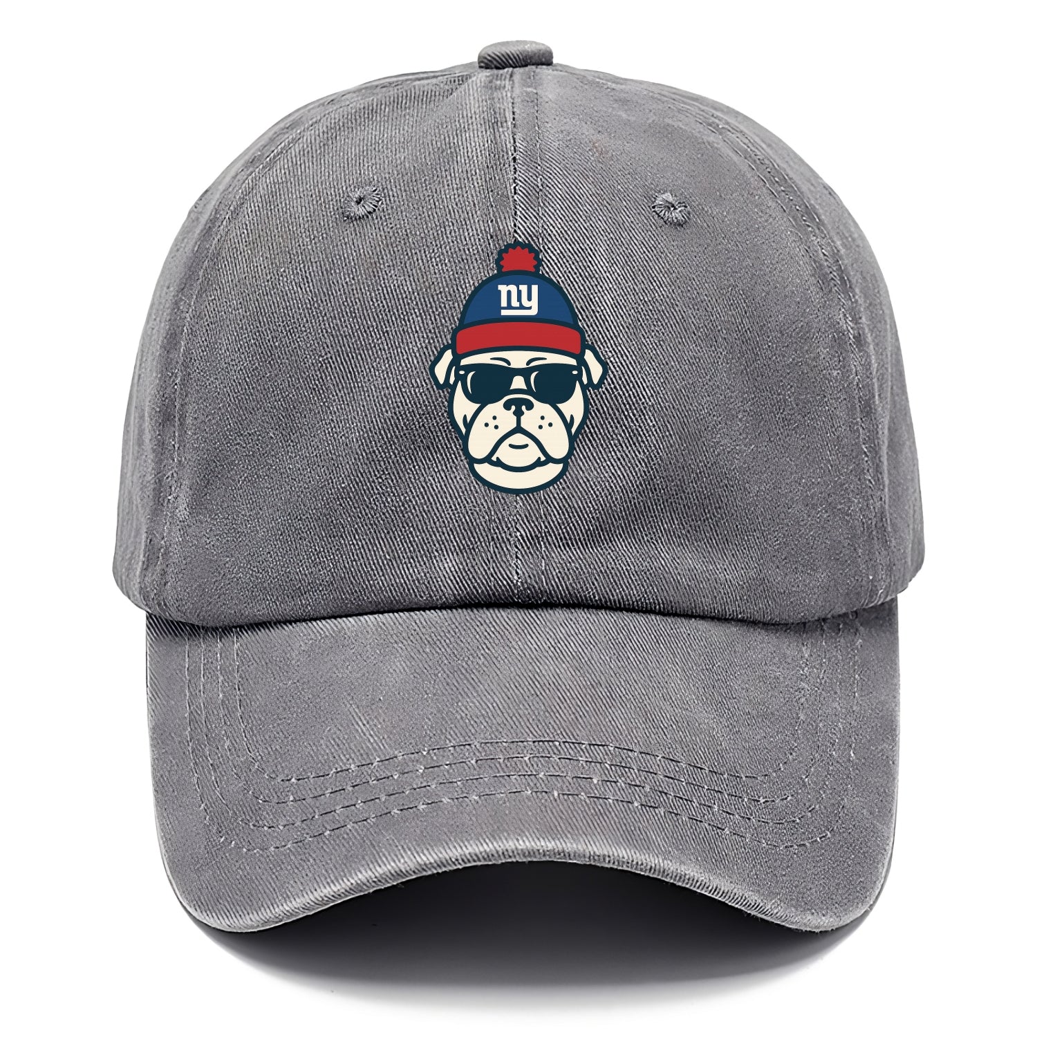 New York Bulldog wearing Giants blue and red beanie with pom pom and wayfarer - Classic Cap - Urban Haze(Grey)