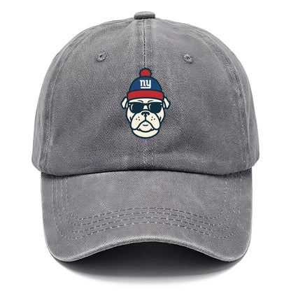 New York Bulldog wearing Giants blue and red beanie with pom pom and wayfarer - Classic Cap - Urban Haze(Grey)