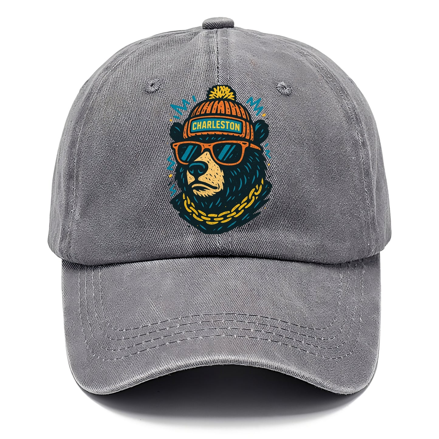 West Virginia Black Bear wearing Charleston beanie with pom pom and wayfarer - Classic Cap - Urban Haze(Grey)