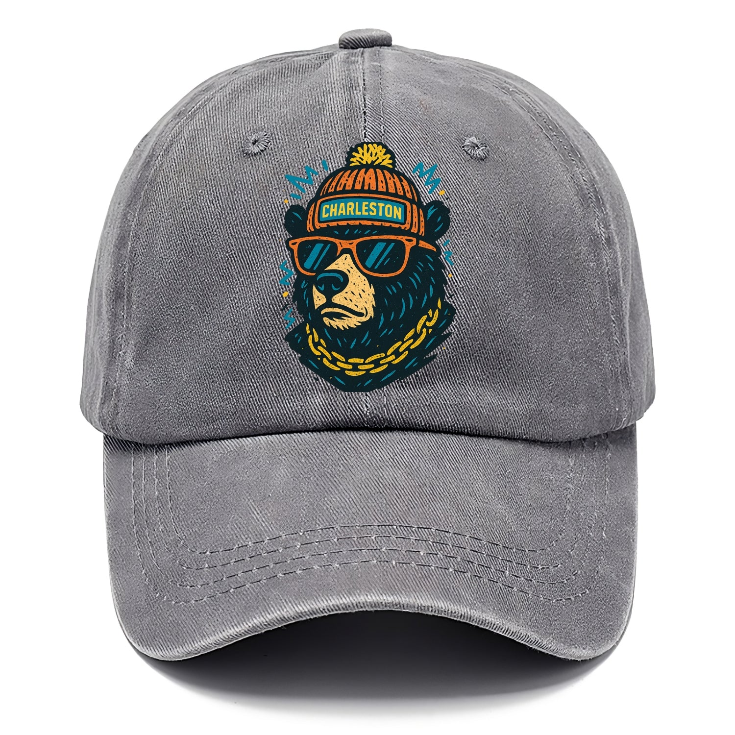 West Virginia Black Bear wearing Charleston beanie with pom pom and wayfarer - Classic Cap - Urban Haze(Grey)